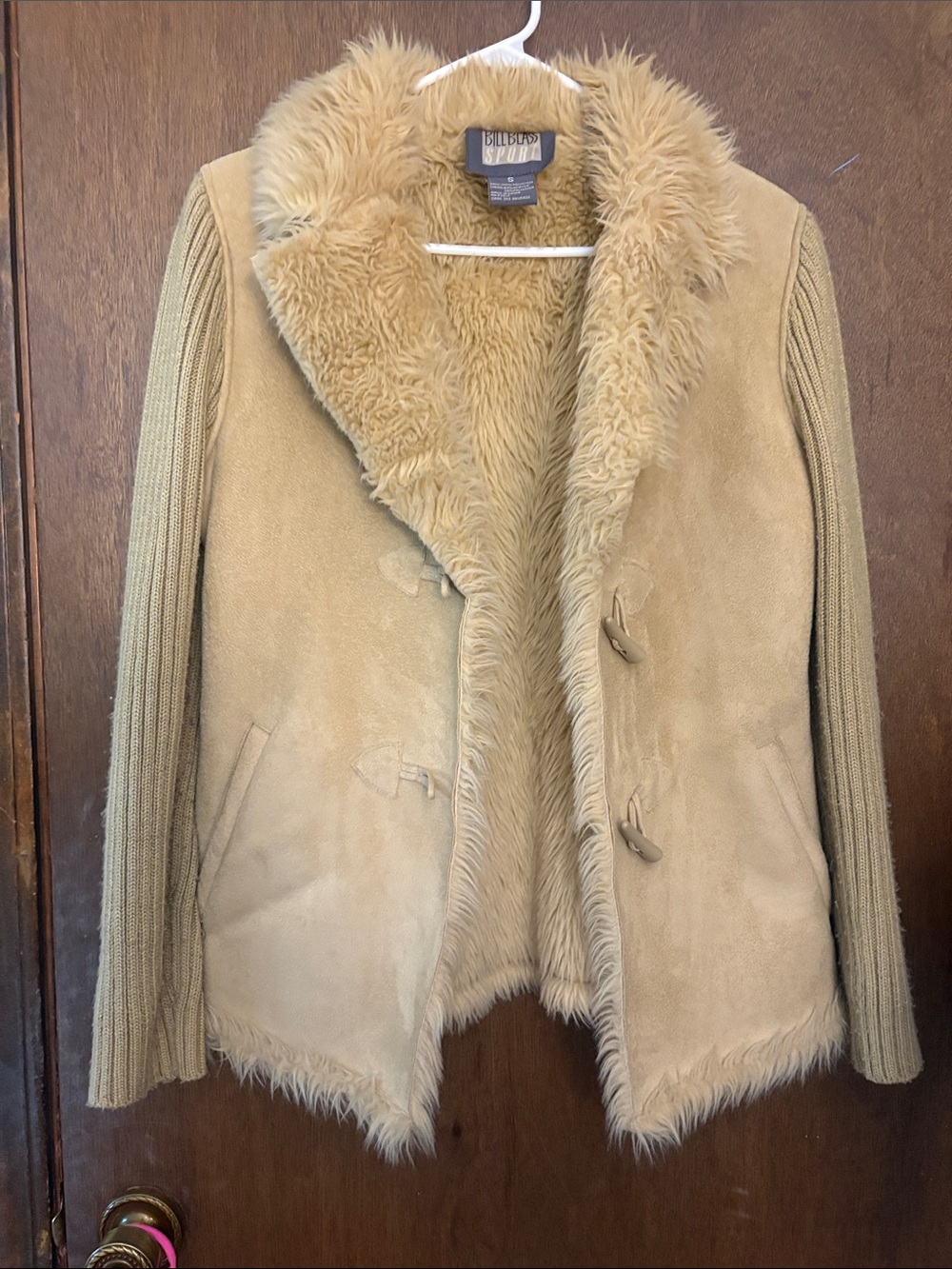 Vintage Bill Blass Tan Faux Shearling Teddy Jacket with Knit Sleeves